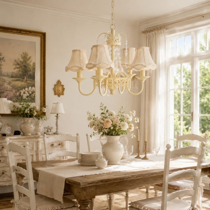Kronleuchter im französischen Landhausstil mit vier Armen und Stoffschirm HL4402