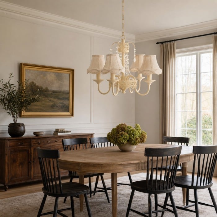 Kronleuchter im französischen Landhausstil mit vier Armen und Stoffschirm HL4402