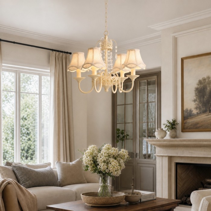Kronleuchter im französischen Landhausstil mit vier Armen und Stoffschirm HL4402