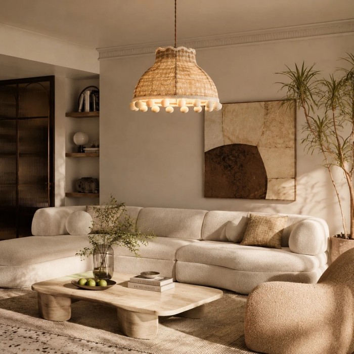 Suspension lumineuse en tissu à pompons couleur crème française HL4428