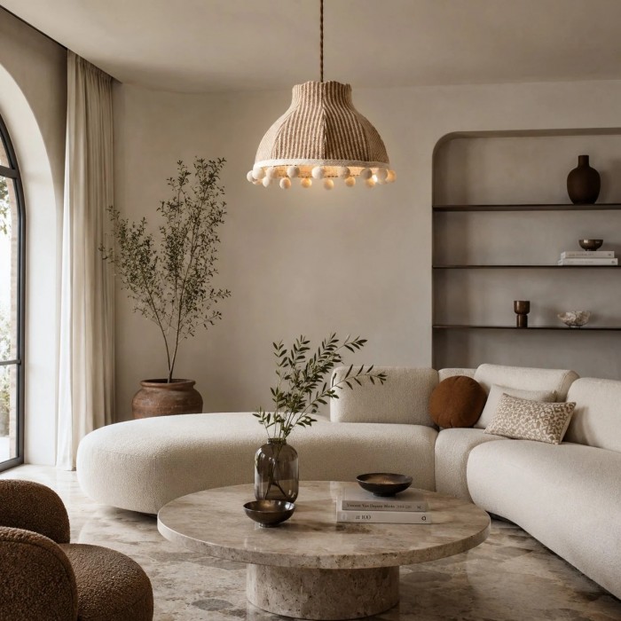 Suspension lumineuse en tissu à pompons couleur crème française HL4428