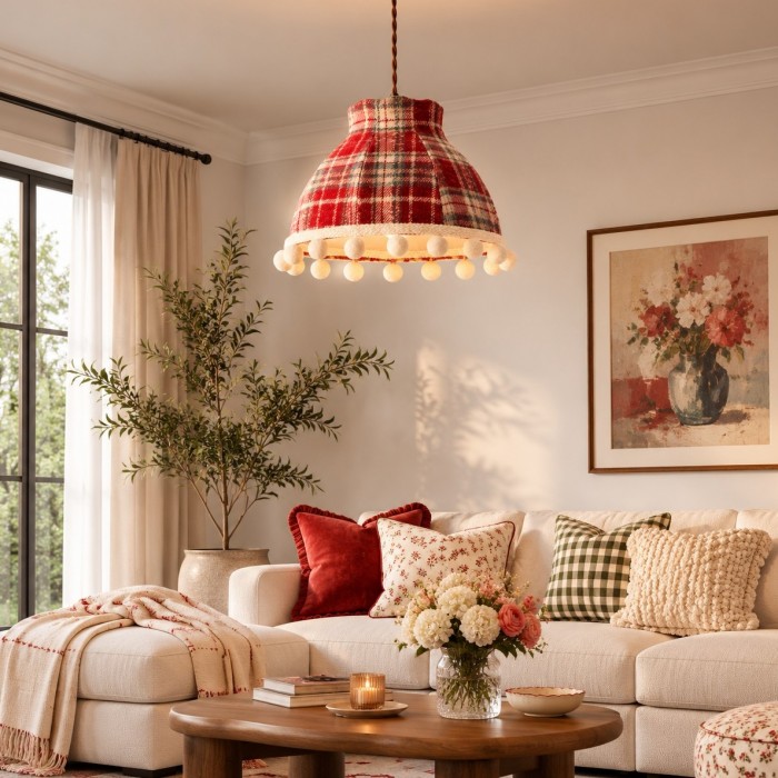 Suspension lumineuse en tissu à pompons couleur crème française HL4428
