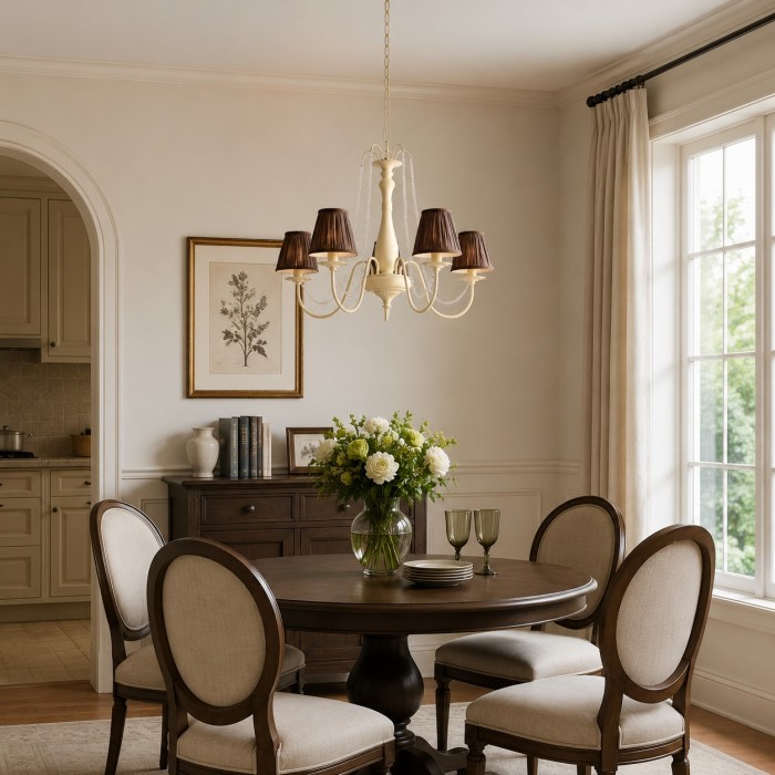 Franse vintage kroonluchter met vijf lampen, stoffen kappen en kristallen kralen slingers HL4469