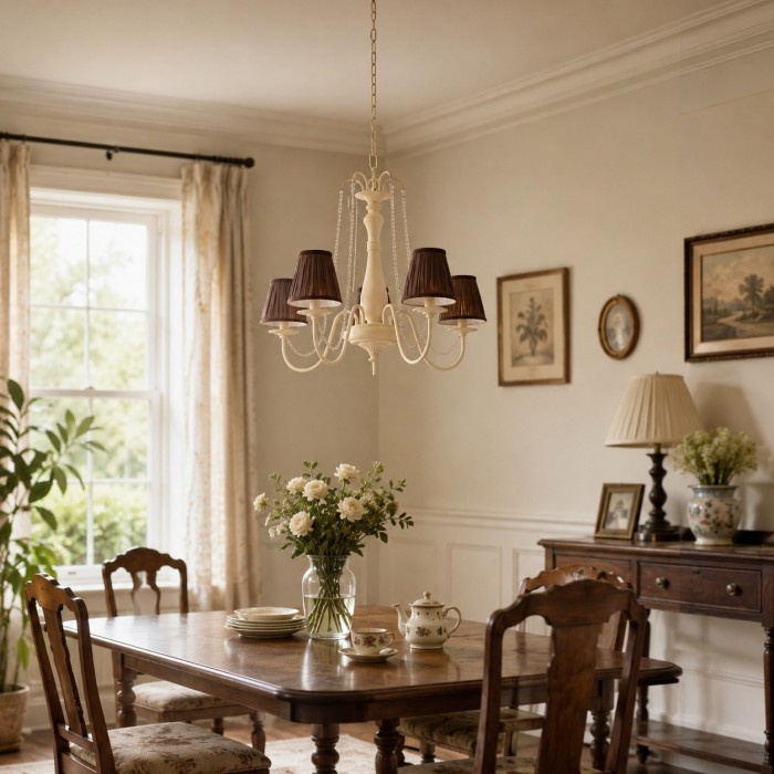 Franse vintage kroonluchter met vijf lampen, stoffen kappen en kristallen kralen slingers HL4469