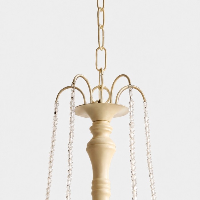 Franse vintage kroonluchter met vijf lampen, stoffen kappen en kristallen kralen slingers HL4469