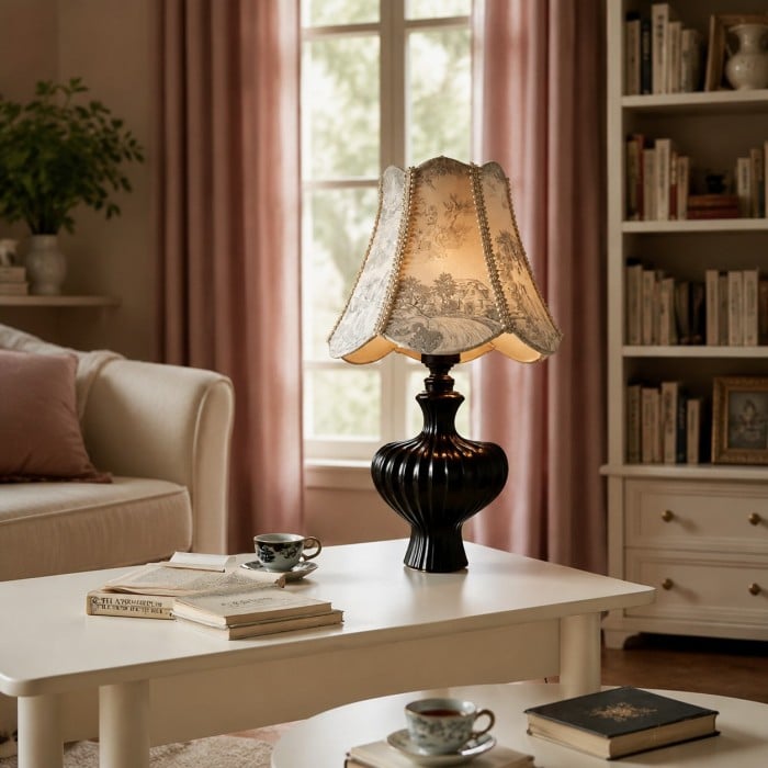Franse vintage tafellamp met bedrukte lampenkap HL4575