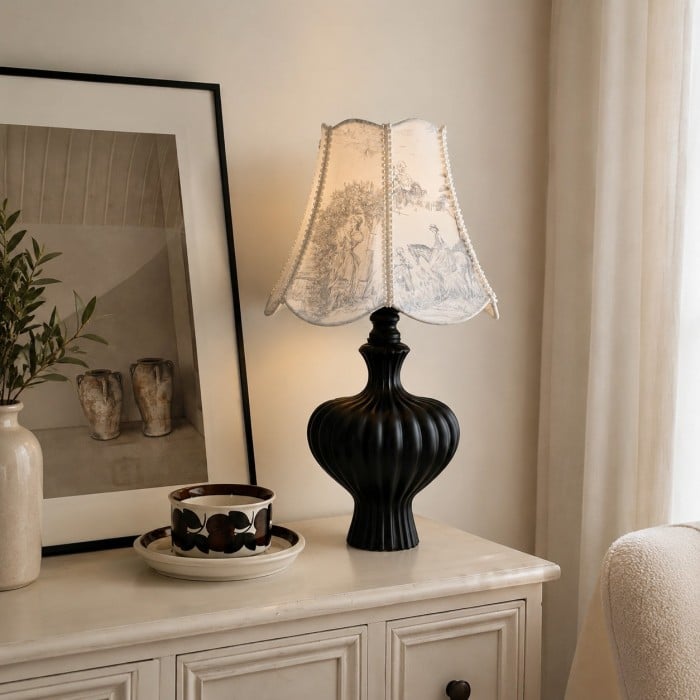 Franse vintage tafellamp met bedrukte lampenkap HL4575