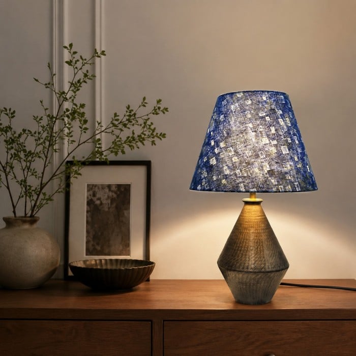 Verguld blauw stoffen keramische tafellamp HL4483
