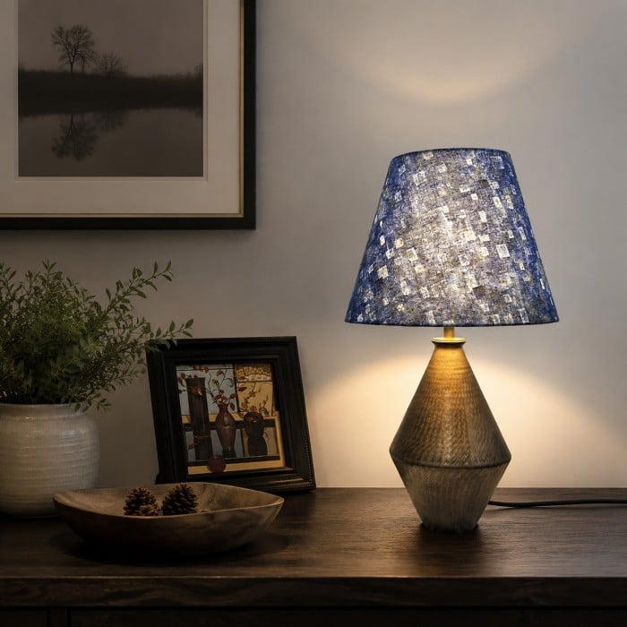 Verguld blauw stoffen keramische tafellamp HL4483