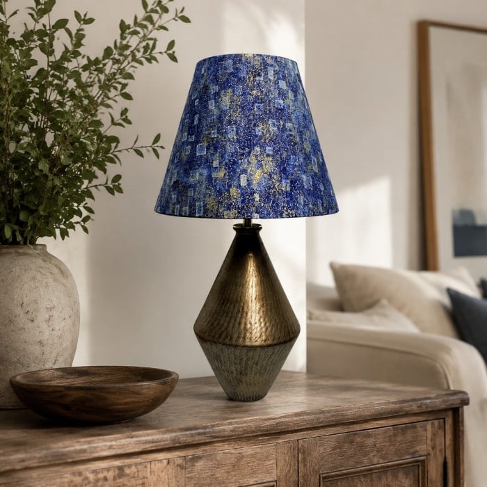 Verguld blauw stoffen keramische tafellamp HL4483