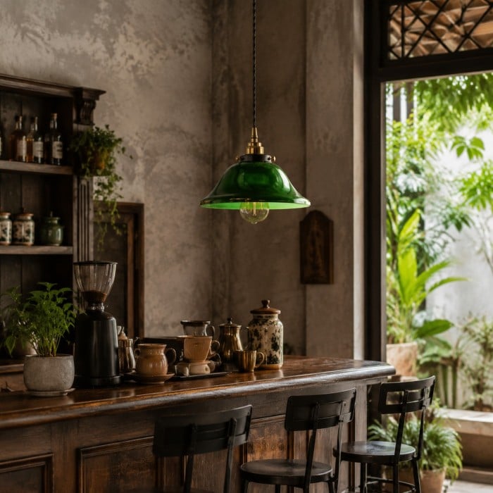 Groene glazen hanglamp met warm metalen beslag HL4509