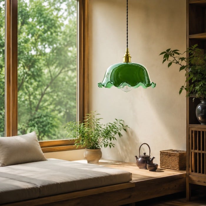 Groene glazen hanglamp met warm metalen beslag HL4509