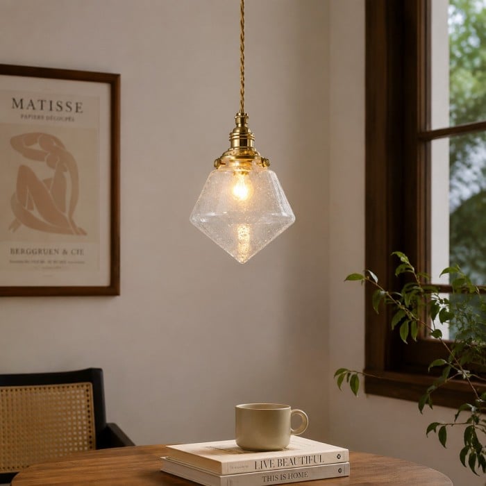 Handgeblazen bubbelglas hanglamp van messing HL4539