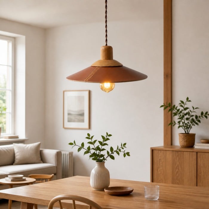 Hand-Stitched Leather and Wood Pendant Light HL4500