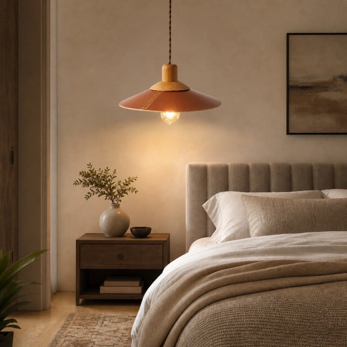 Hand-Stitched Leather and Wood Pendant Light HL4500