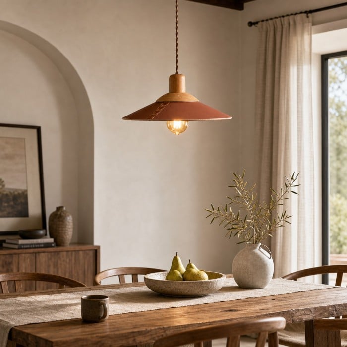 Hand-Stitched Leather and Wood Pendant Light HL4500
