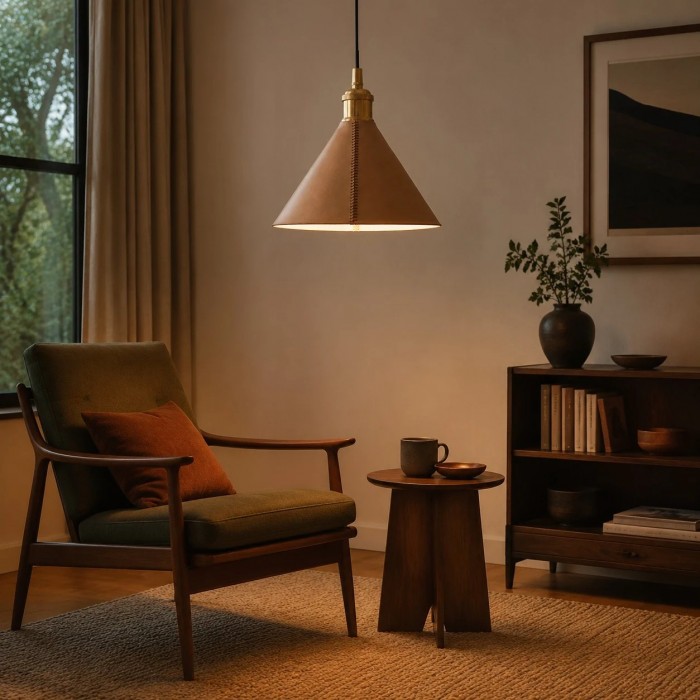 Hand-Stitched Leather Cone Pendant Light HL4561