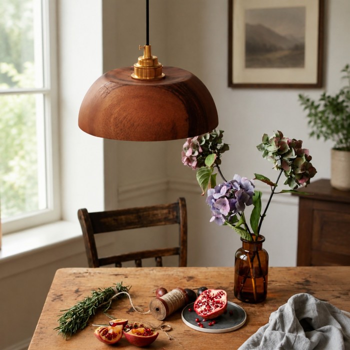 Handcrafted Walnut Wood Dome Pendant Light HL4583