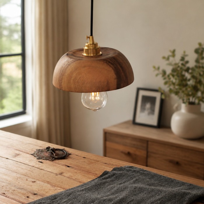 Handcrafted Walnut Wood Dome Pendant Light HL4583
