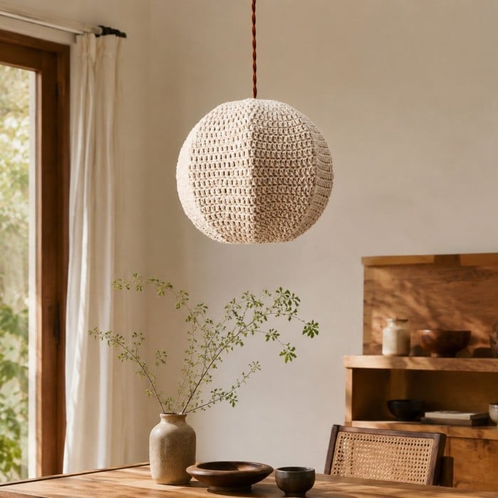 Handwoven Globe Pendant Light in Ivory and Caramel HL4467