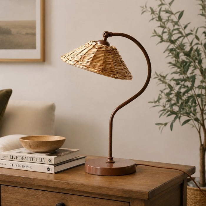 Handgeweven rotan tafellamp met gebogen metalen frame HL4437