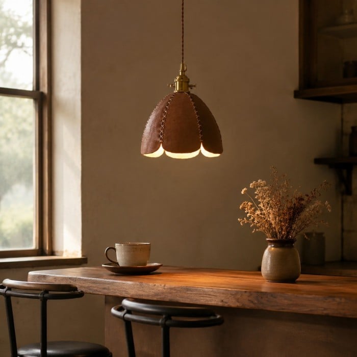 Hanglamp met leren bloemblaadjes en antiek messing beslag HL4534