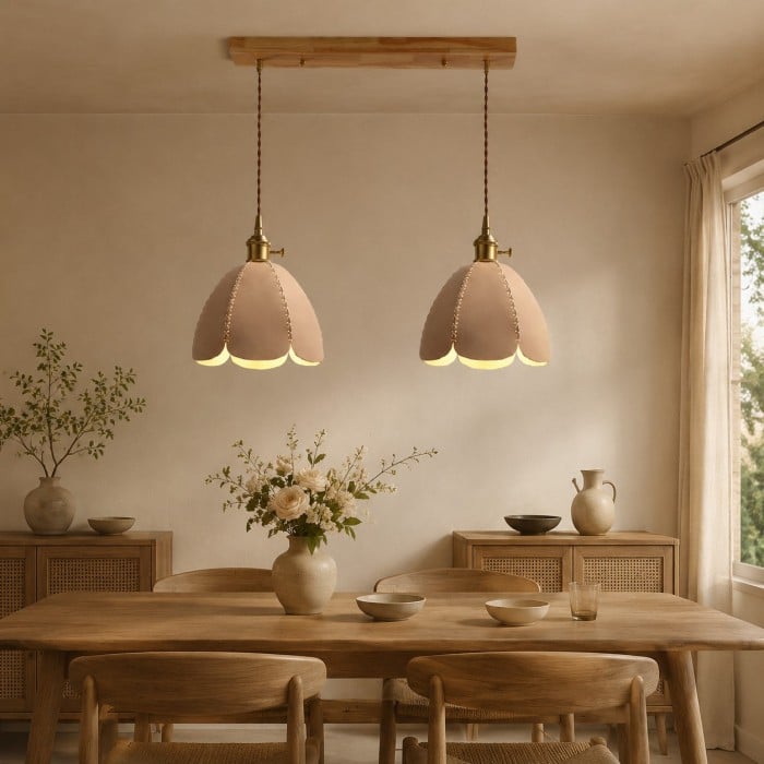Hanglamp met leren bloemblaadjes en antiek messing beslag HL4534
