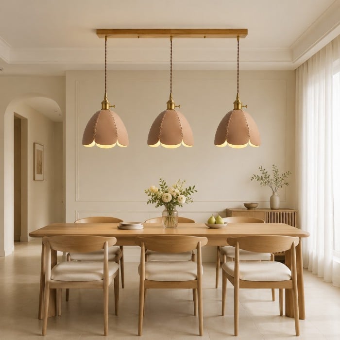Hanglamp met leren bloemblaadjes en antiek messing beslag HL4534