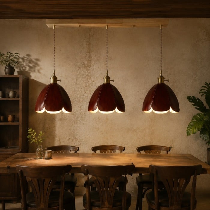 Hanglamp met leren bloemblaadjes en antiek messing beslag HL4534