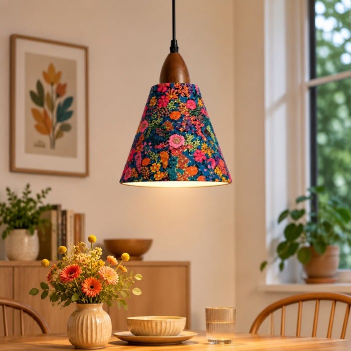 Liberty stoffen kegelvormige hanglamp met walnootkleurig hout HL4458
