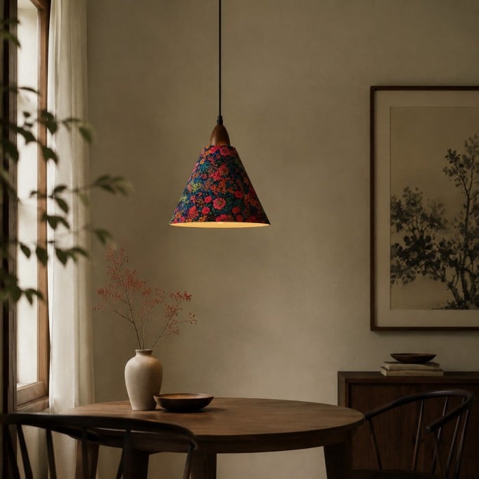 Liberty stoffen kegelvormige hanglamp met walnootkleurig hout HL4458