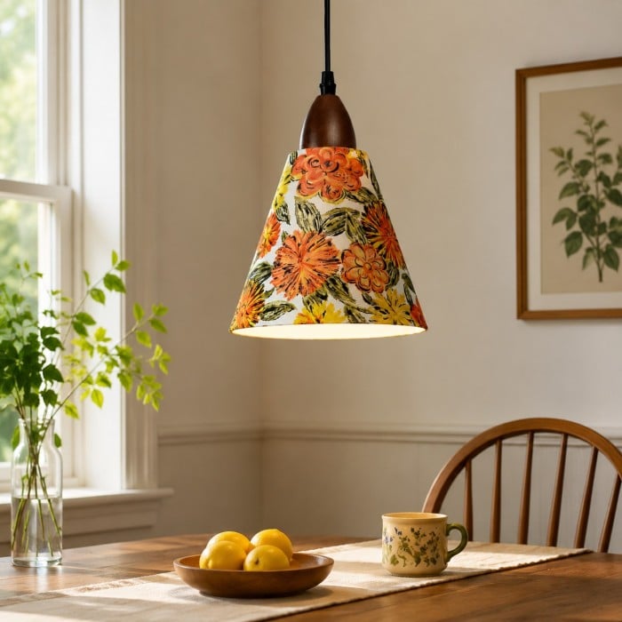 Liberty stoffen kegelvormige hanglamp met walnootkleurig hout HL4458