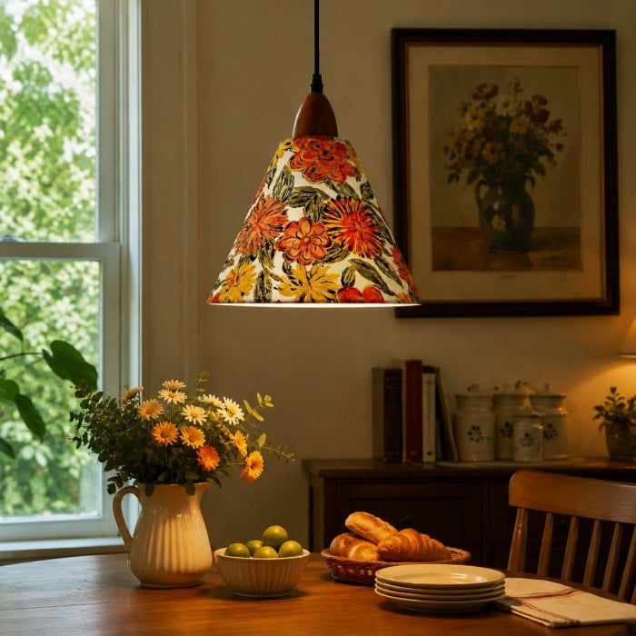 Liberty stoffen kegelvormige hanglamp met walnootkleurig hout HL4458