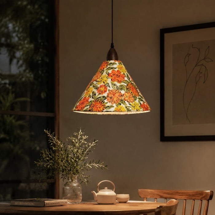 Liberty stoffen kegelvormige hanglamp met walnootkleurig hout HL4458