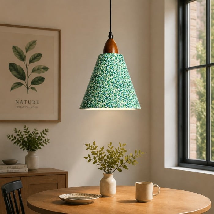 Liberty stoffen kegelvormige hanglamp met walnootkleurig hout HL4458