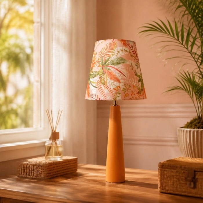 Liberty stoffen tafellamp met bloemenmotief en keramische voet, handgemaakte oranje HL4441