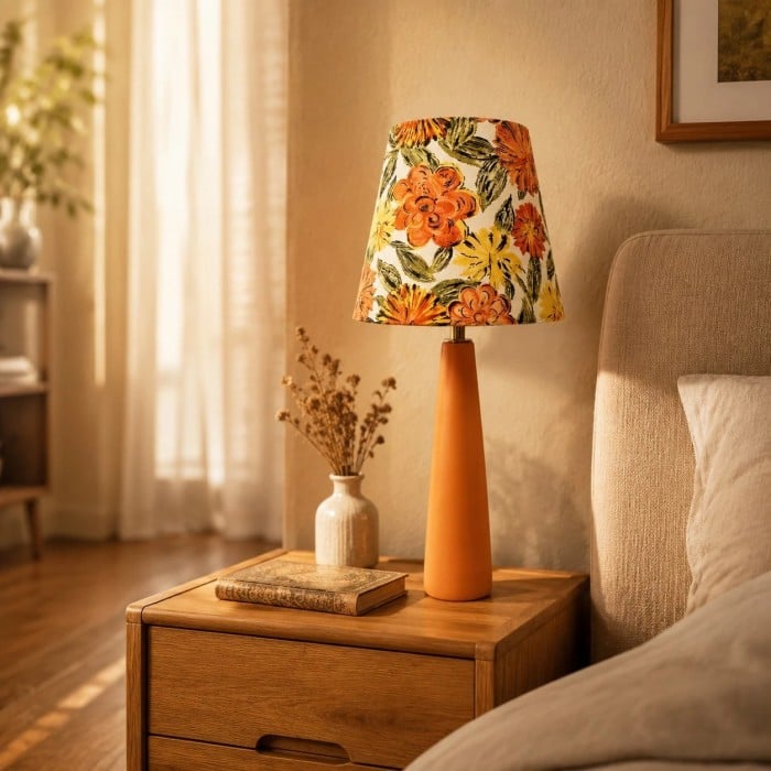 Liberty stoffen tafellamp met bloemenmotief en keramische voet, handgemaakte oranje HL4441