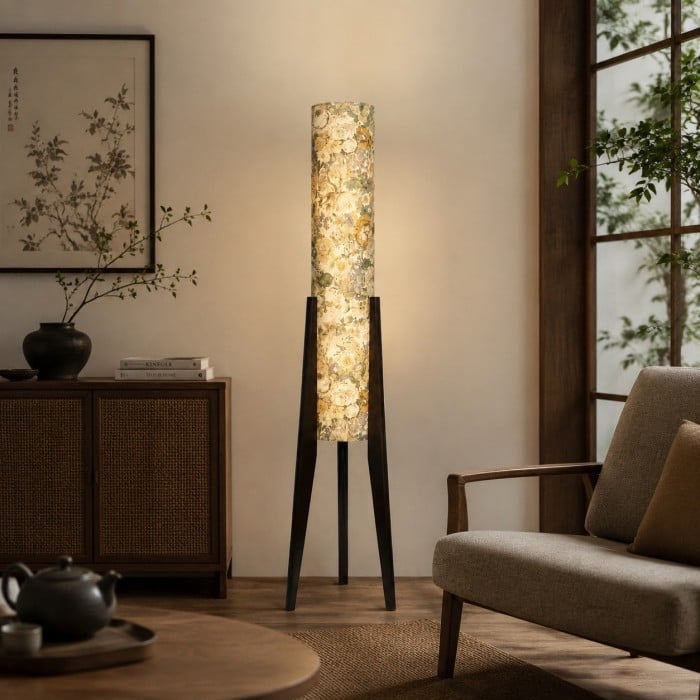 Liberty Fabric Tripod Floor Lamp with Solid Wood Frame HL4447