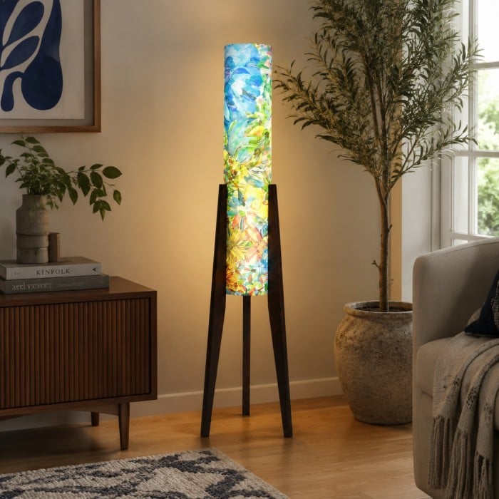 Liberty Fabric Tripod Floor Lamp with Solid Wood Frame HL4447