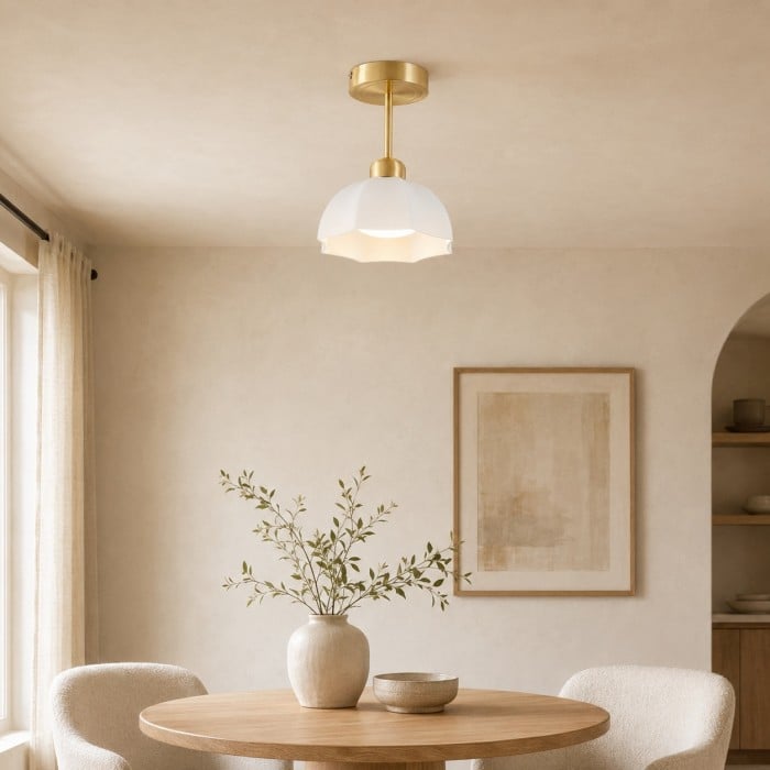Lámpara de techo moderna de cristal opalino con pantalla blanca floral - Estructura de latón para recibidor y comedor HL4263