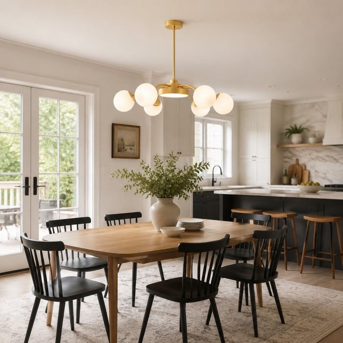 Moderne kroonluchter met bolvormige kap van melkglas HL4237
