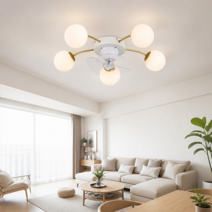 Ventilador de techo moderno blanco y dorado con lámpara y globos de cristal HL4216