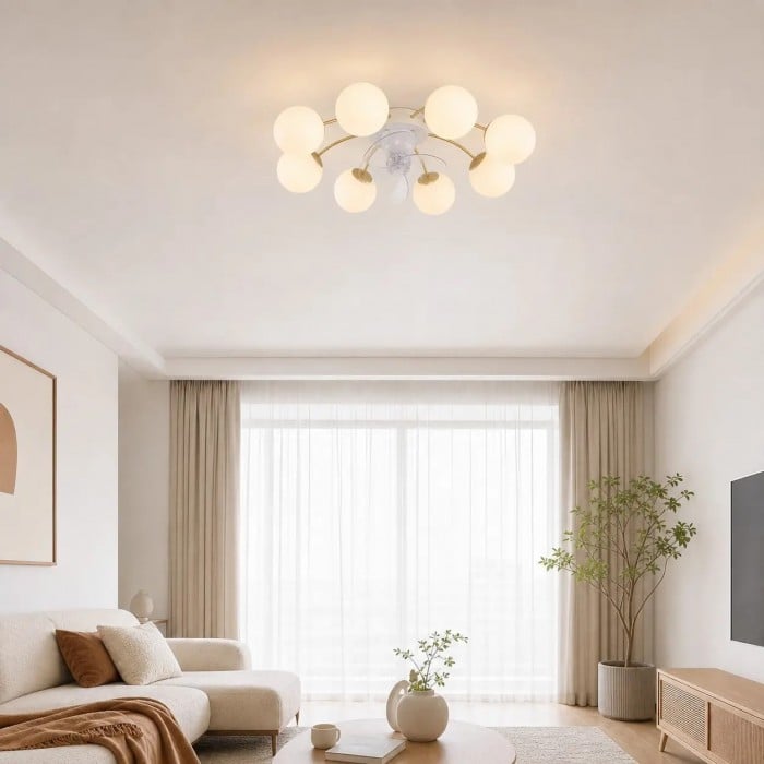 Ventilador de techo moderno blanco y dorado con lámpara y globos de cristal HL4216