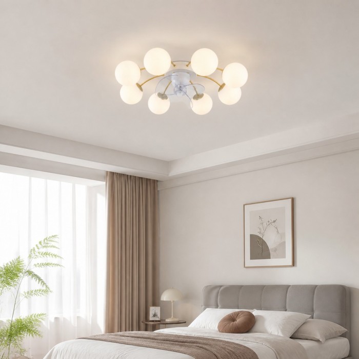 Ventilador de techo moderno blanco y dorado con lámpara y globos de cristal HL4216
