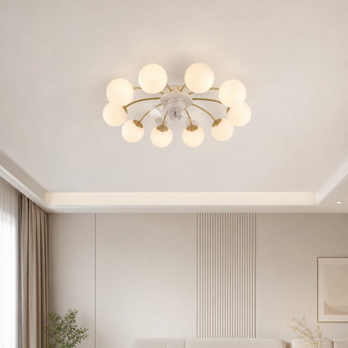 Ventilador de techo moderno blanco y dorado con lámpara y globos de cristal HL4216