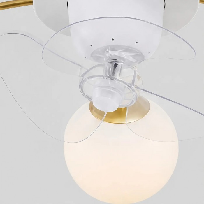 Ventilador de techo moderno blanco y dorado con lámpara y globos de cristal HL4216