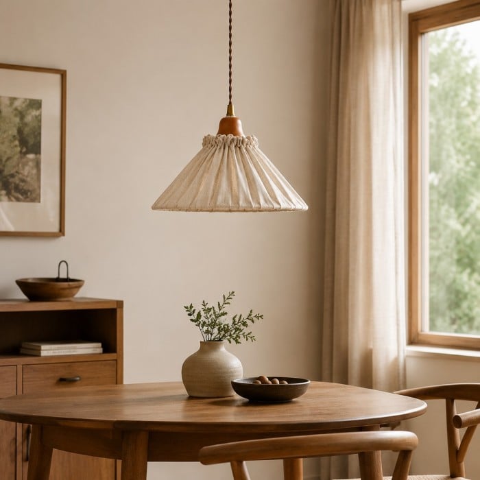 Hanglamp van natuurlijk linnen met plooien en houten fittingkap HL4456