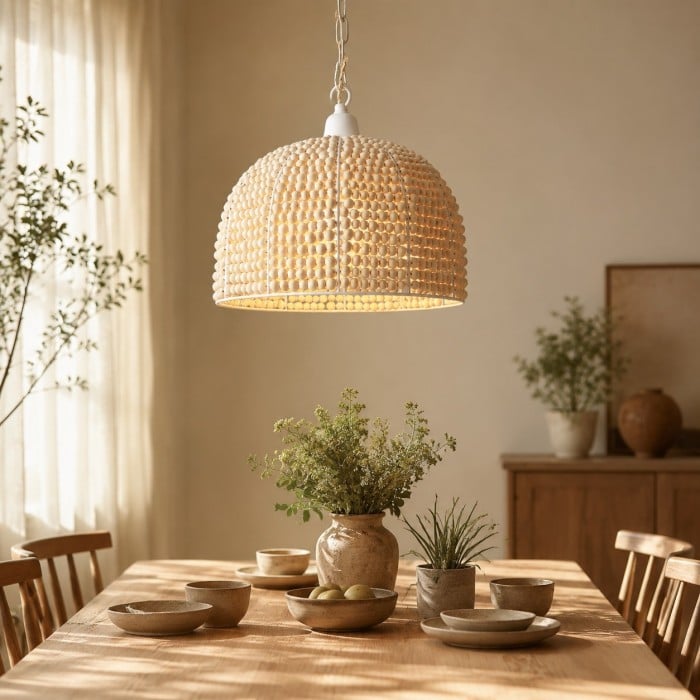 Hanglamp met kralen van natuurlijk hout en een wabi-sabi koepelvormige kap HL4400