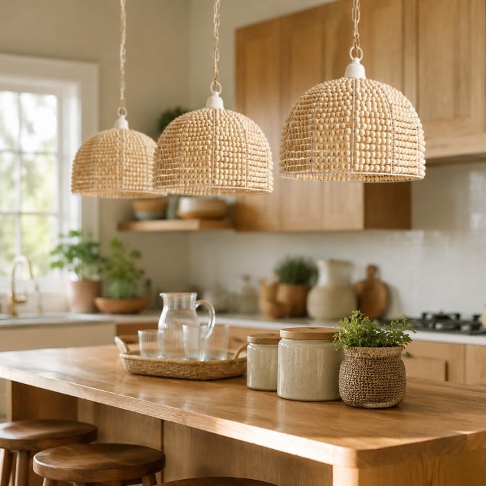 Hanglamp met kralen van natuurlijk hout en een wabi-sabi koepelvormige kap HL4400