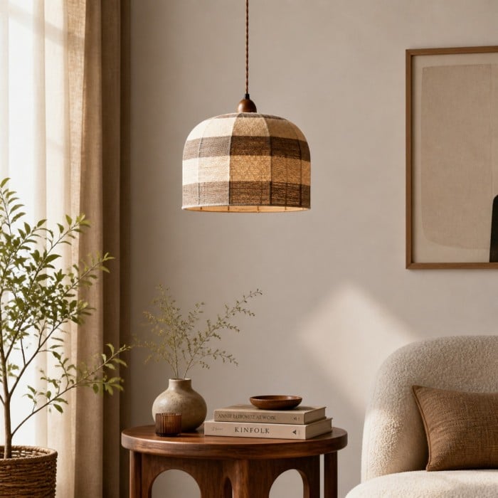 Hanglamp met koepel van patchwork katoenen draad HL4357